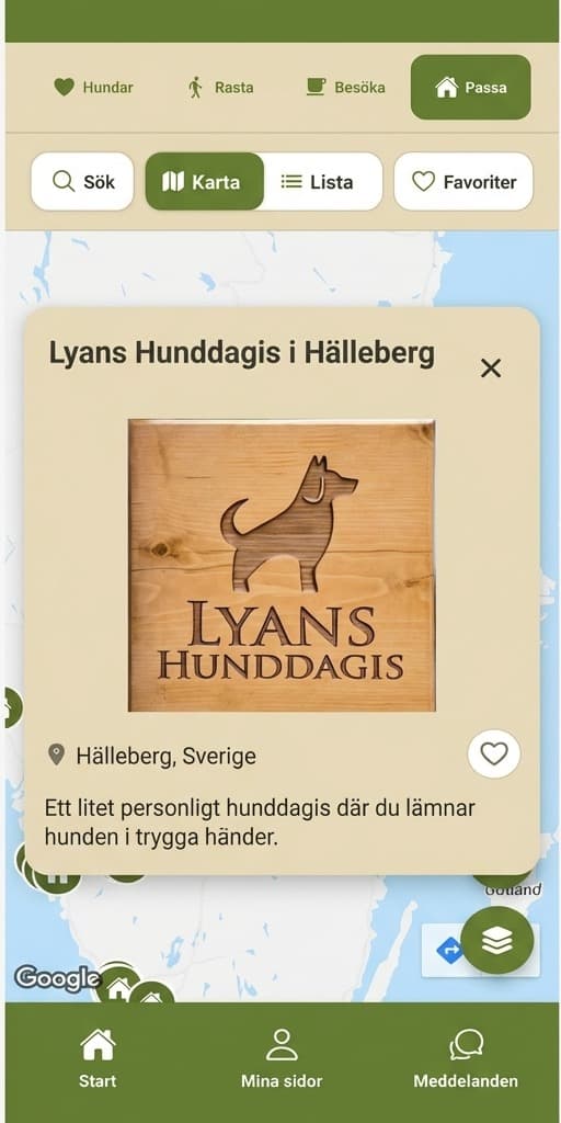 Profilkort för ett hunddagis i Flocken, visat på kartan.