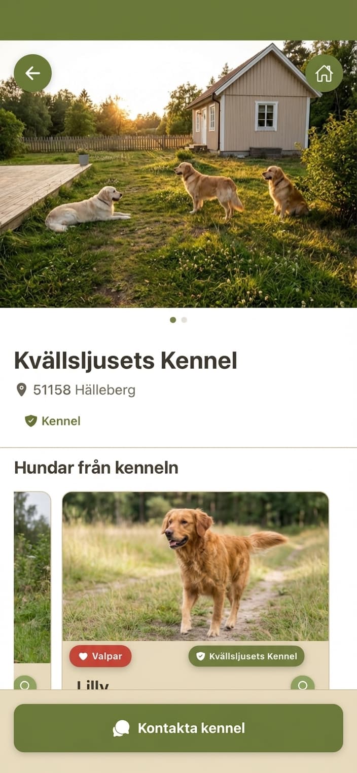 Profilkort för en kennel i Flocken, med bilder på hundar.