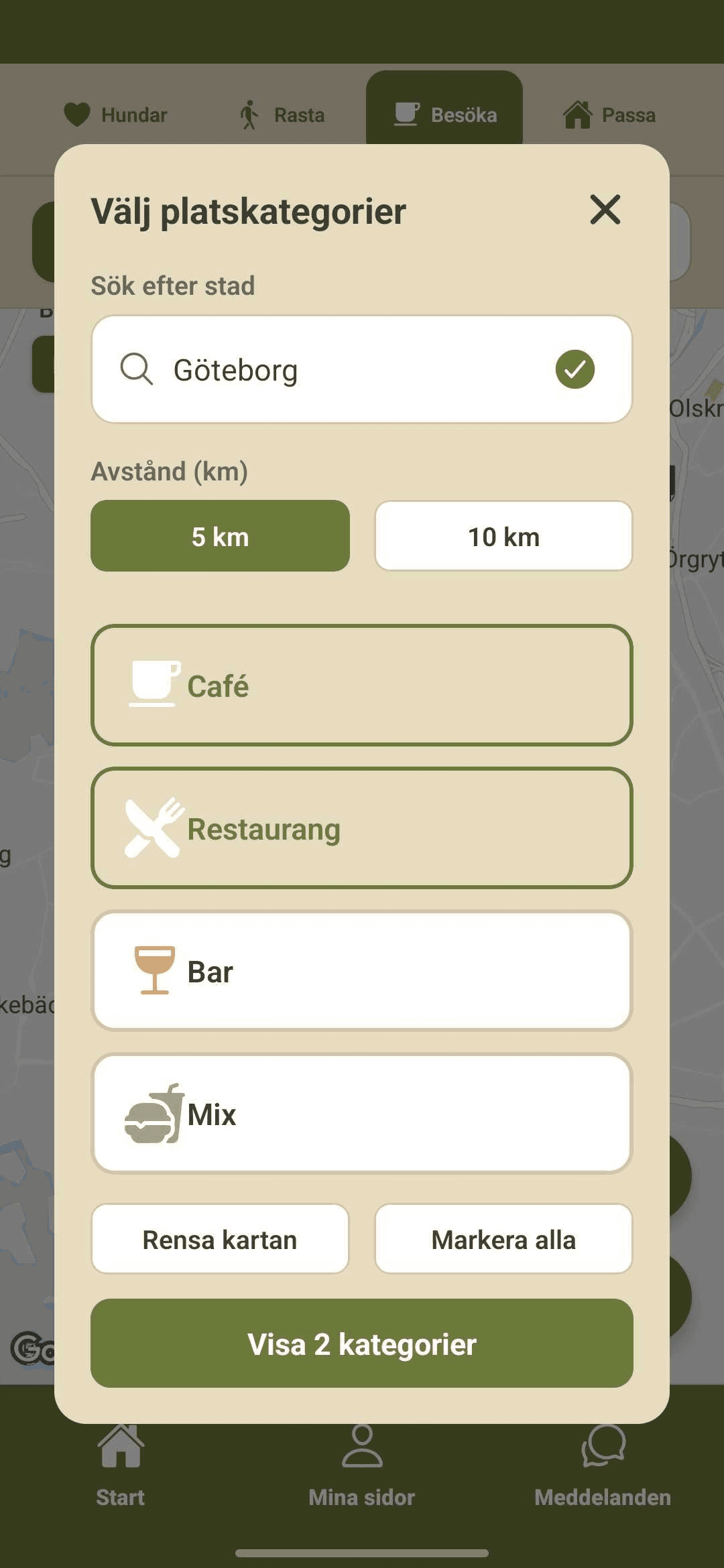Skärmavbild av Besöka-funktionen. Välj platskategorier för Göteborg: café, restaurang, bar.