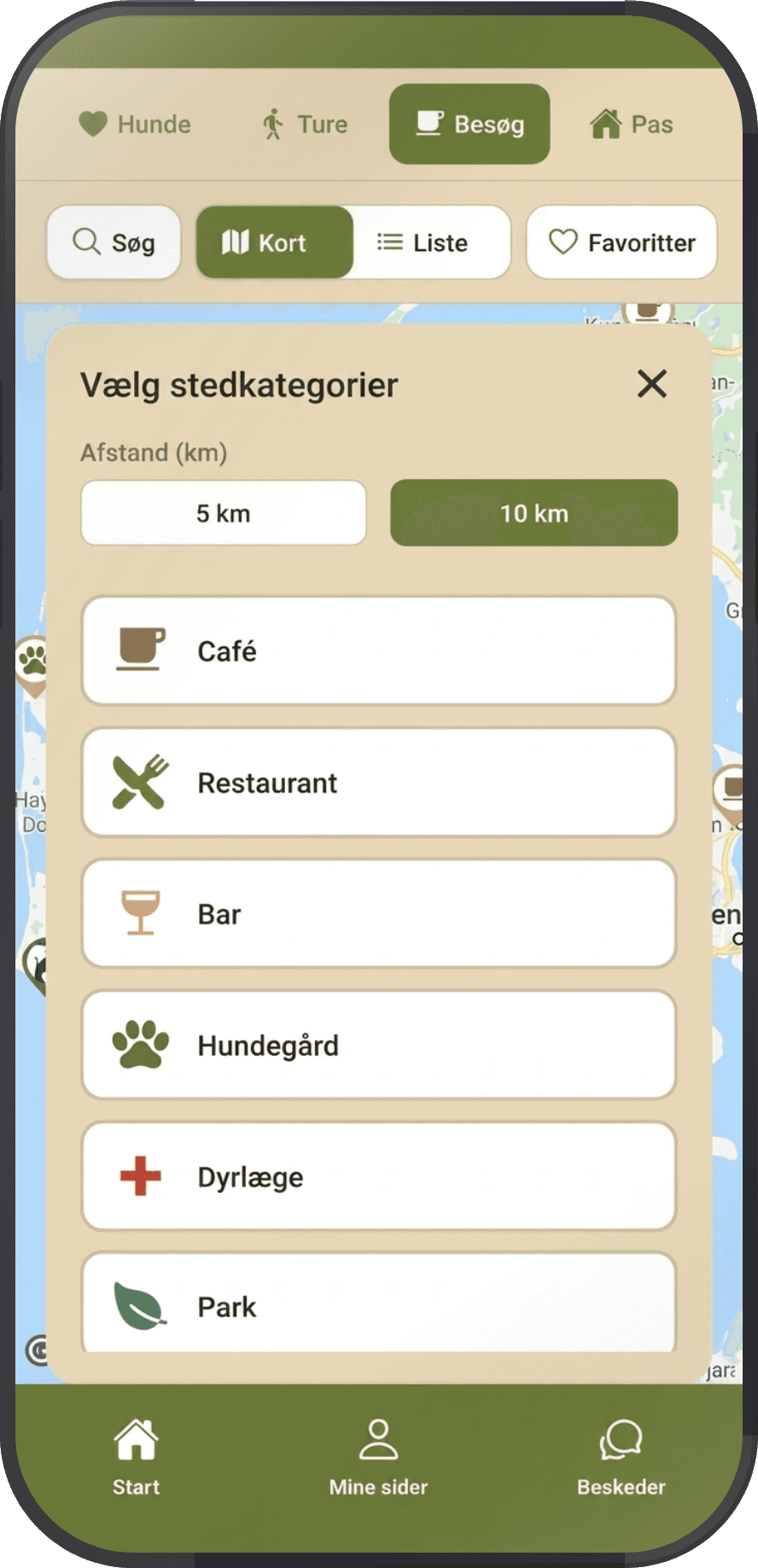 Skærmbillede af Besøg-funktionen. Vælg stedkategorier for København: café, restaurant, bar.