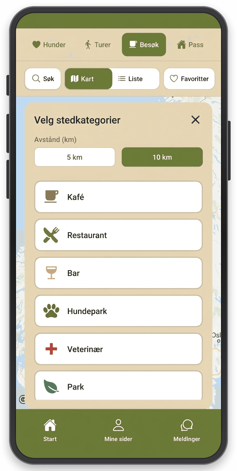 Skjermbilde av Besøk-funksjonen. Velg stedskategorier for Oslo: kafé, restaurant, bar.