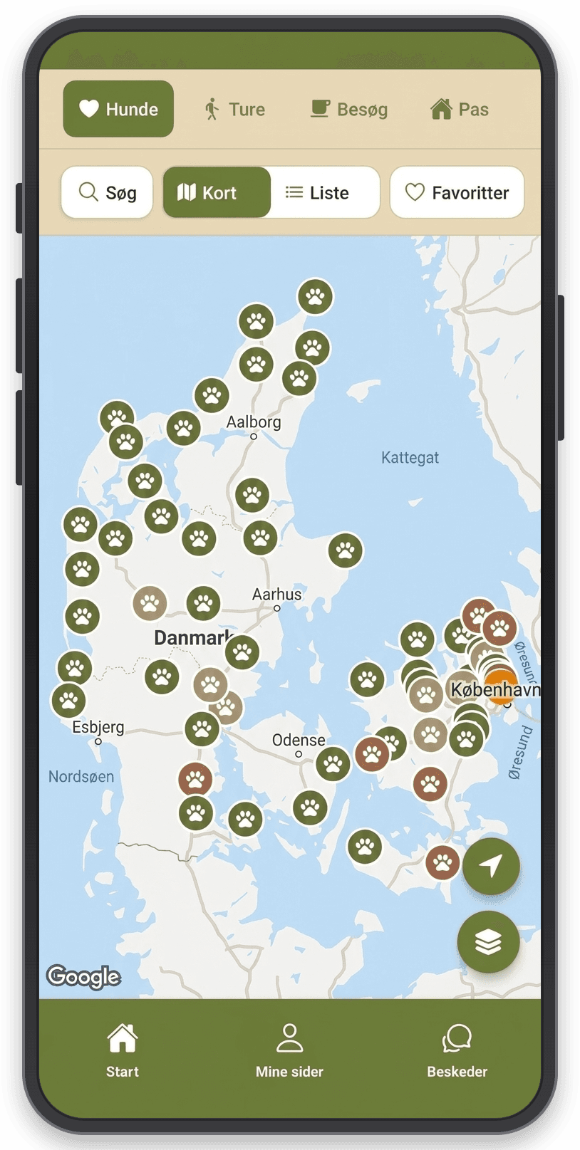 Skærmbillede af Hunde-funktionen i Flocken. Kort over Danmark fyldt med hunde markeret som poter.