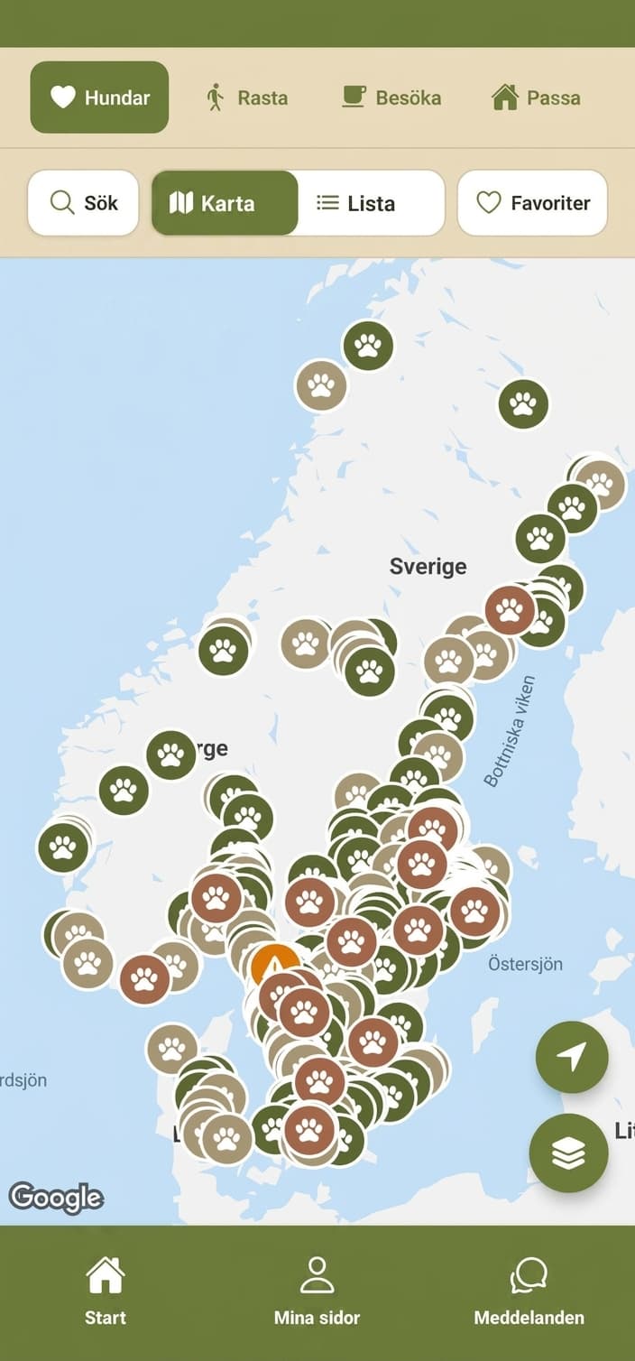 Skärmavbild av Hundar-funktionen i Flocken. Karta över hela Sverige full av hundar markerade som tassar.