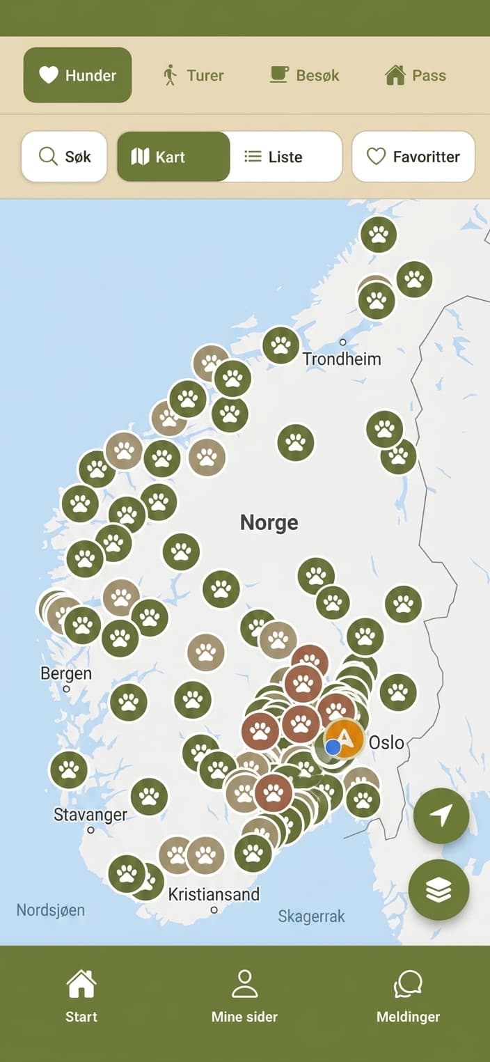 Skjermbilde av Hunder-funksjonen i Flocken. Kart over Norge fullt av hunder markert som poter.