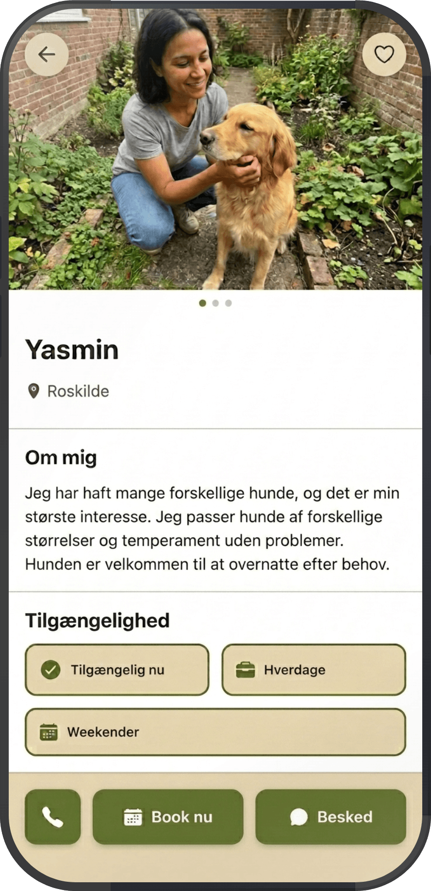 Skærmbillede af en hundepasser-profil i Flocken, med billede, beskrivelse og tilgængelighed.