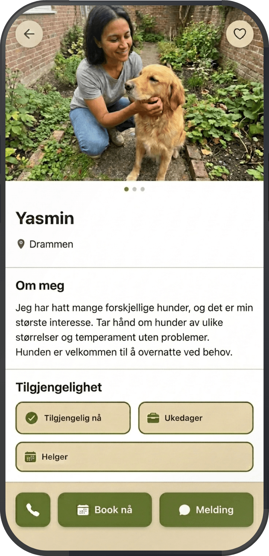 Skjermbilde av en hundepasser-profil i Flocken, med bilde, beskrivelse og tilgjengelighet.