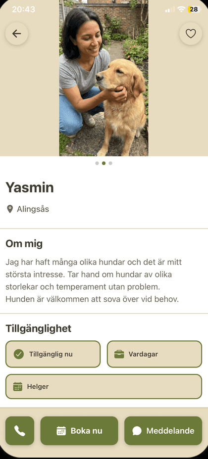 Skärmavbild av en hundvaktsprofil i Flocken. Yasmin i Alingsås, med bild, beskrivning och tillgänglighet.