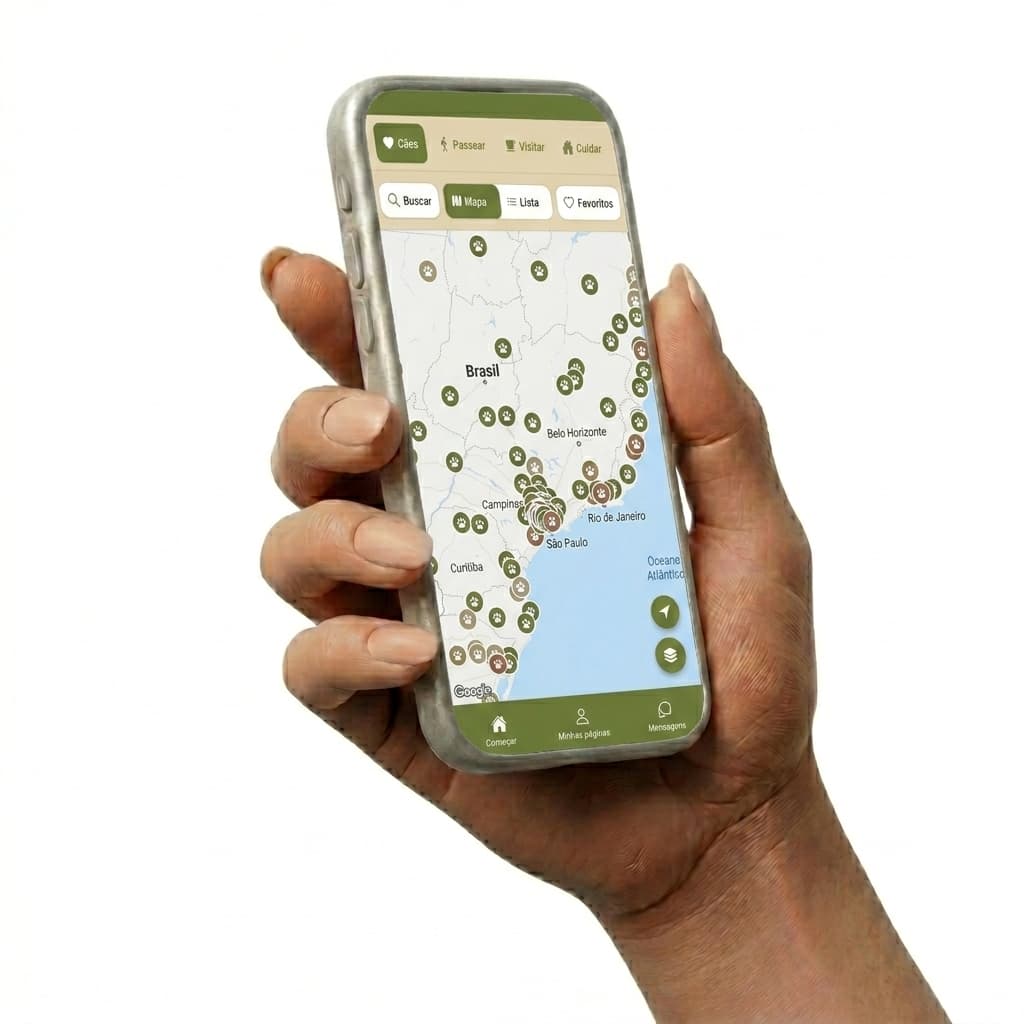 Mão segurando um celular com o mapa da Flocken pelo Brasil, cheio de marcadores de cães