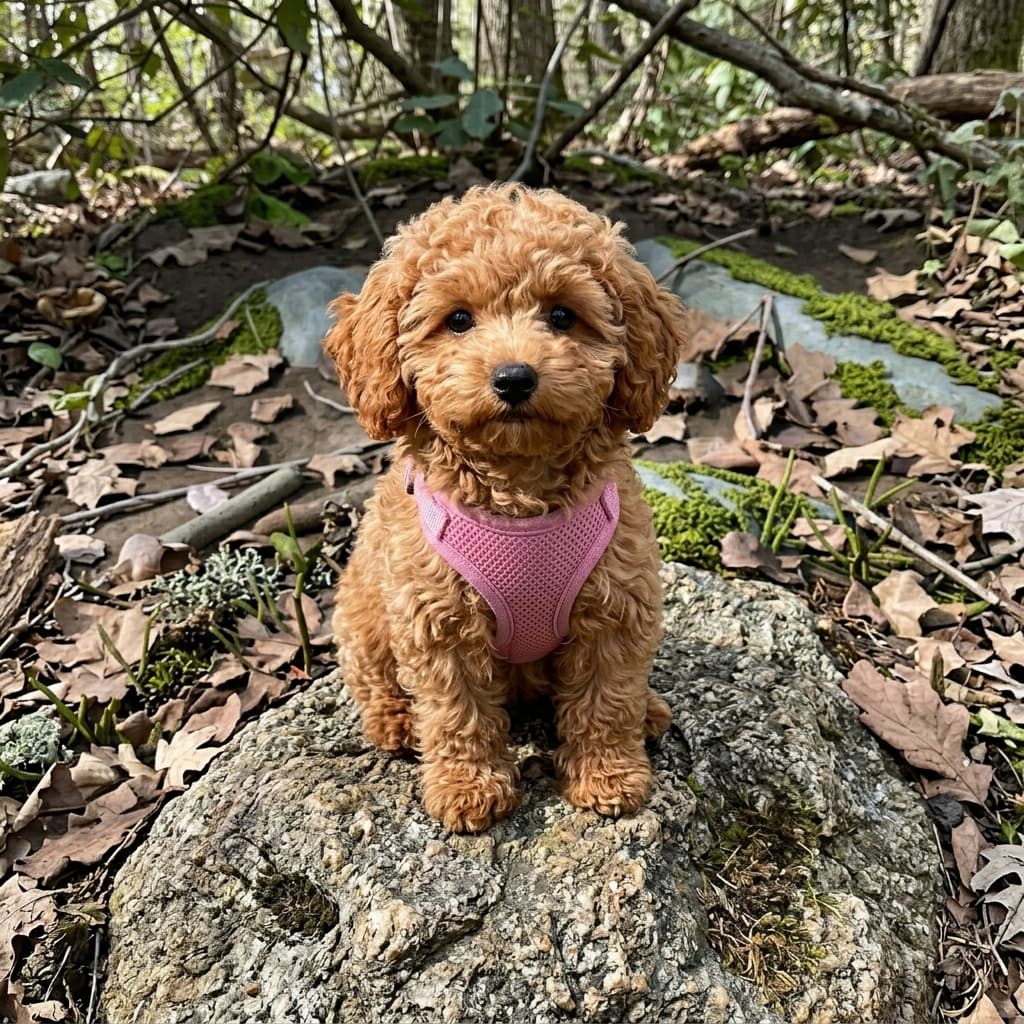 Malua som valp, en aprikosfarget toypuddel med rosa sele på en stein i skogen