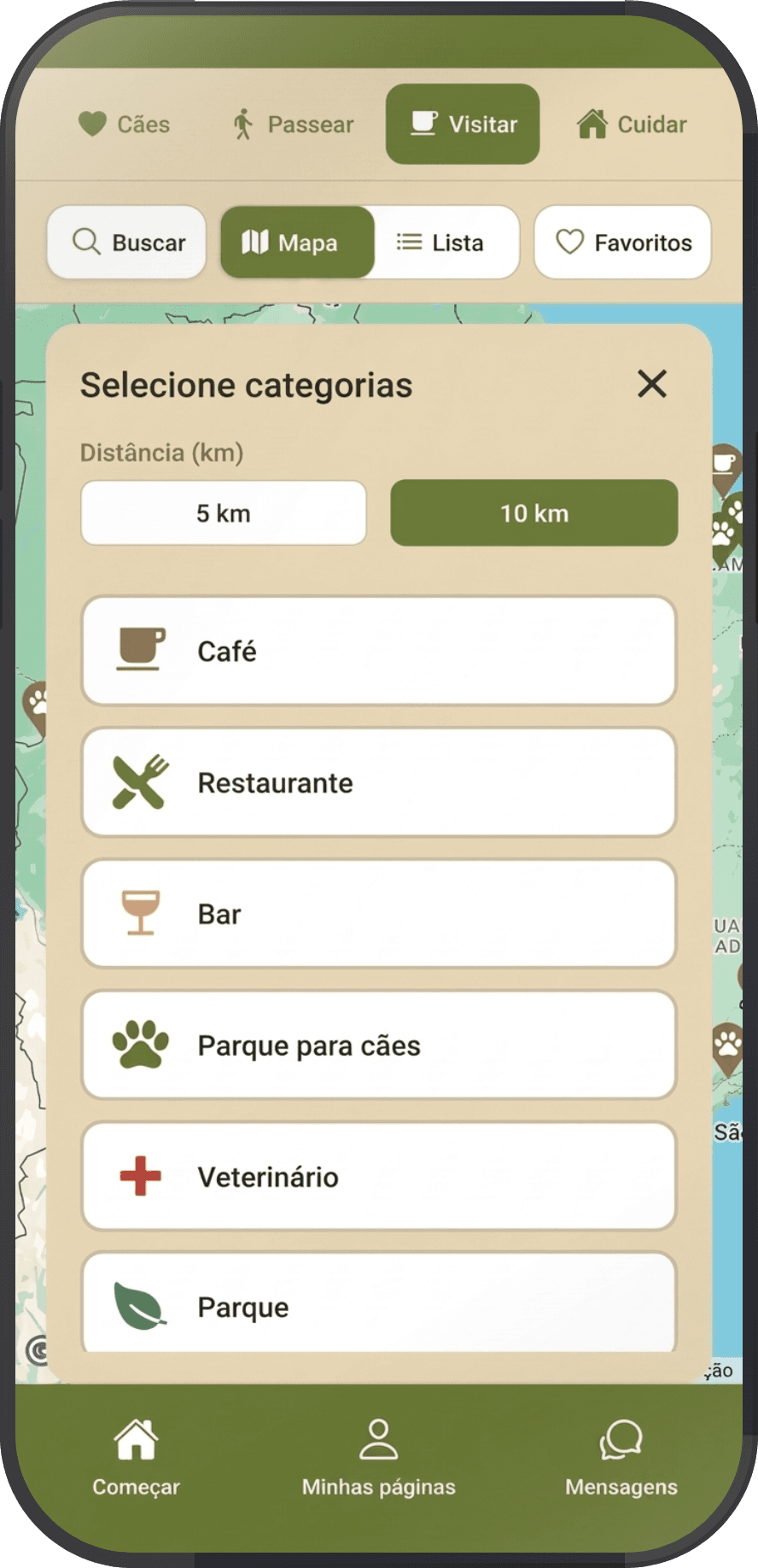 Captura de tela da funcionalidade Visitar. Selecione categorias de lugares para São Paulo: café, restaurante, bar.