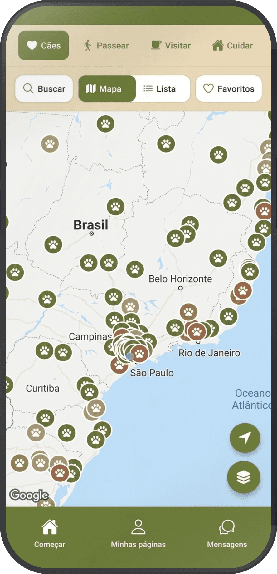 Captura de tela da funcionalidade Cães na Flocken. Mapa do Brasil cheio de cães marcados como patas.
