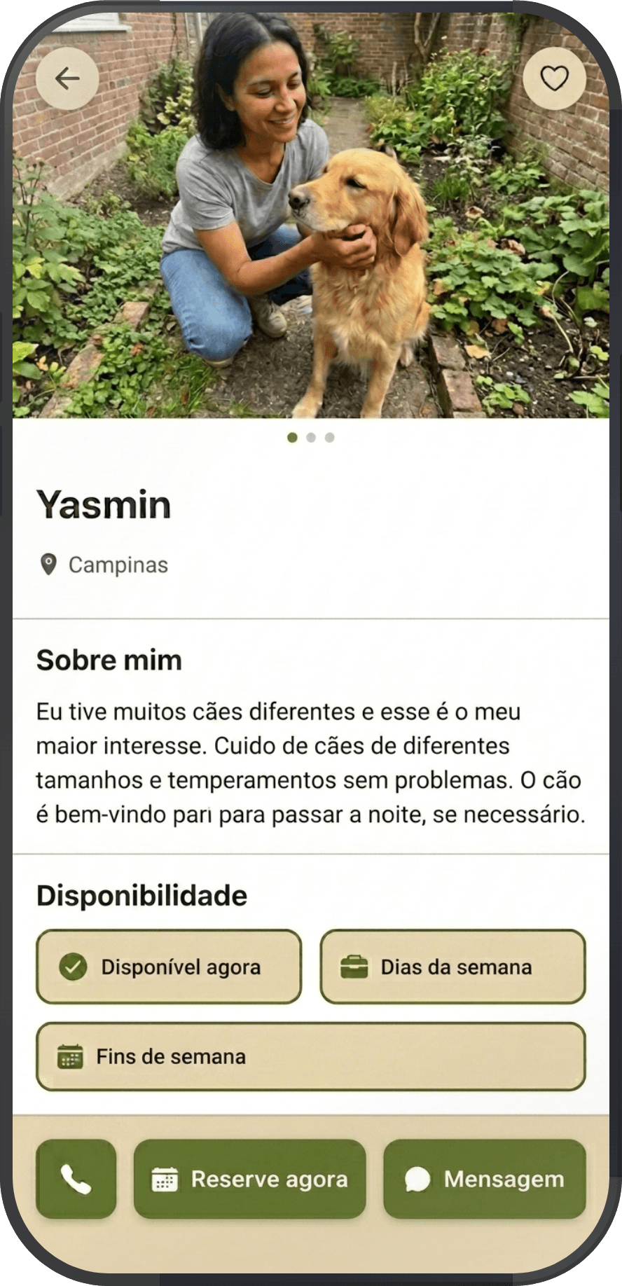 Captura de tela de um perfil de pet sitter na Flocken, com foto, descrição e disponibilidade.