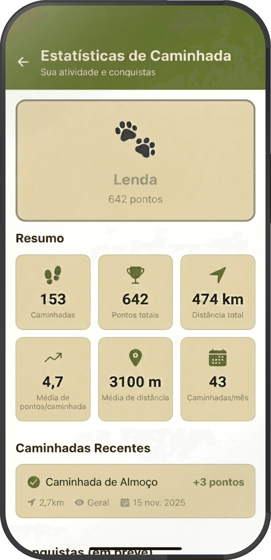 Captura de tela da funcionalidade Passear na Flocken. Estatísticas de caminhada com rotas, pontos e distância total.