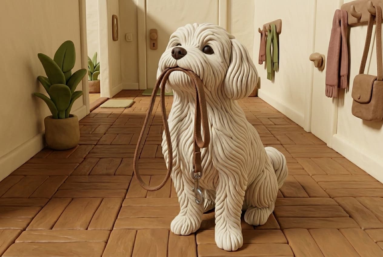 Clay-illustration av en hund med kopplet i munnen, redo att ge sig ut