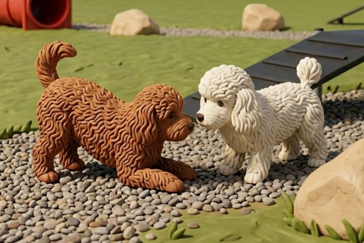 Clay-illustration av två pudlar som möts i en hundpark