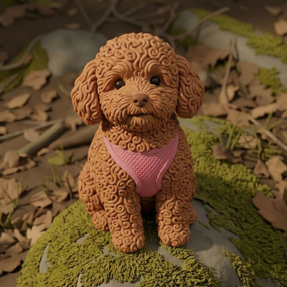 Clay-illustration av Malua som valp, en apricot pudel med rosa sele