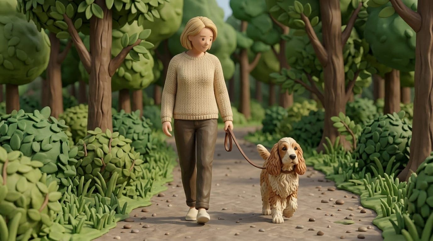 Clay-illustration av en person på lugn promenad med en hund